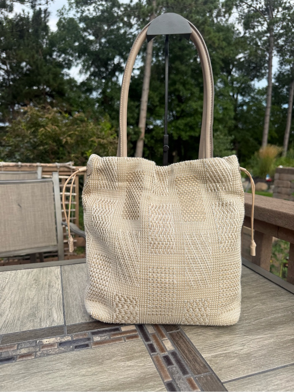 EUC Vintage Furla Rare Cream block-geometric weave texture Tote Bag.